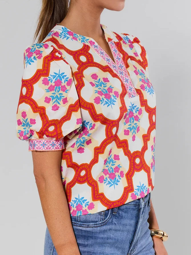 Orange Printed Puff Sleeve Top