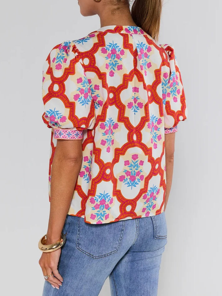 Orange Printed Puff Sleeve Top