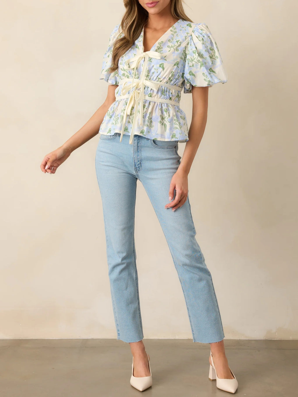 Cotton Pink Floral Puff Sleeve Blouse