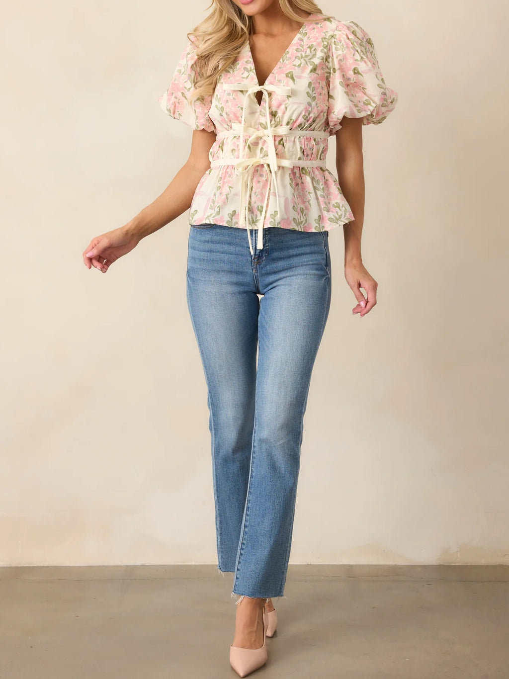 Cotton Pink Floral Puff Sleeve Blouse