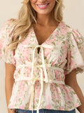 Cotton Pink Floral Puff Sleeve Blouse