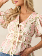 Cotton Pink Floral Puff Sleeve Blouse