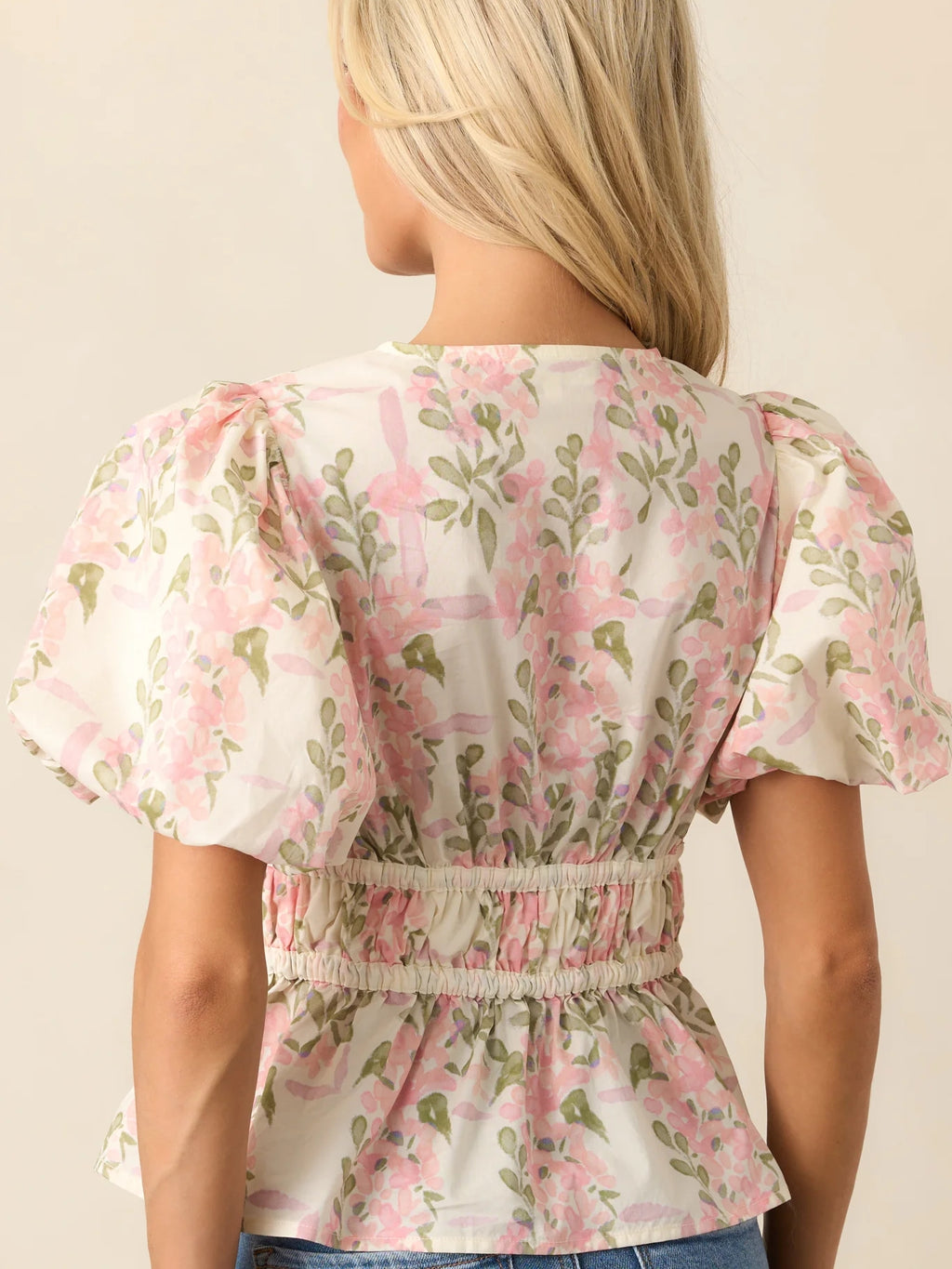 Cotton Pink Floral Puff Sleeve Blouse