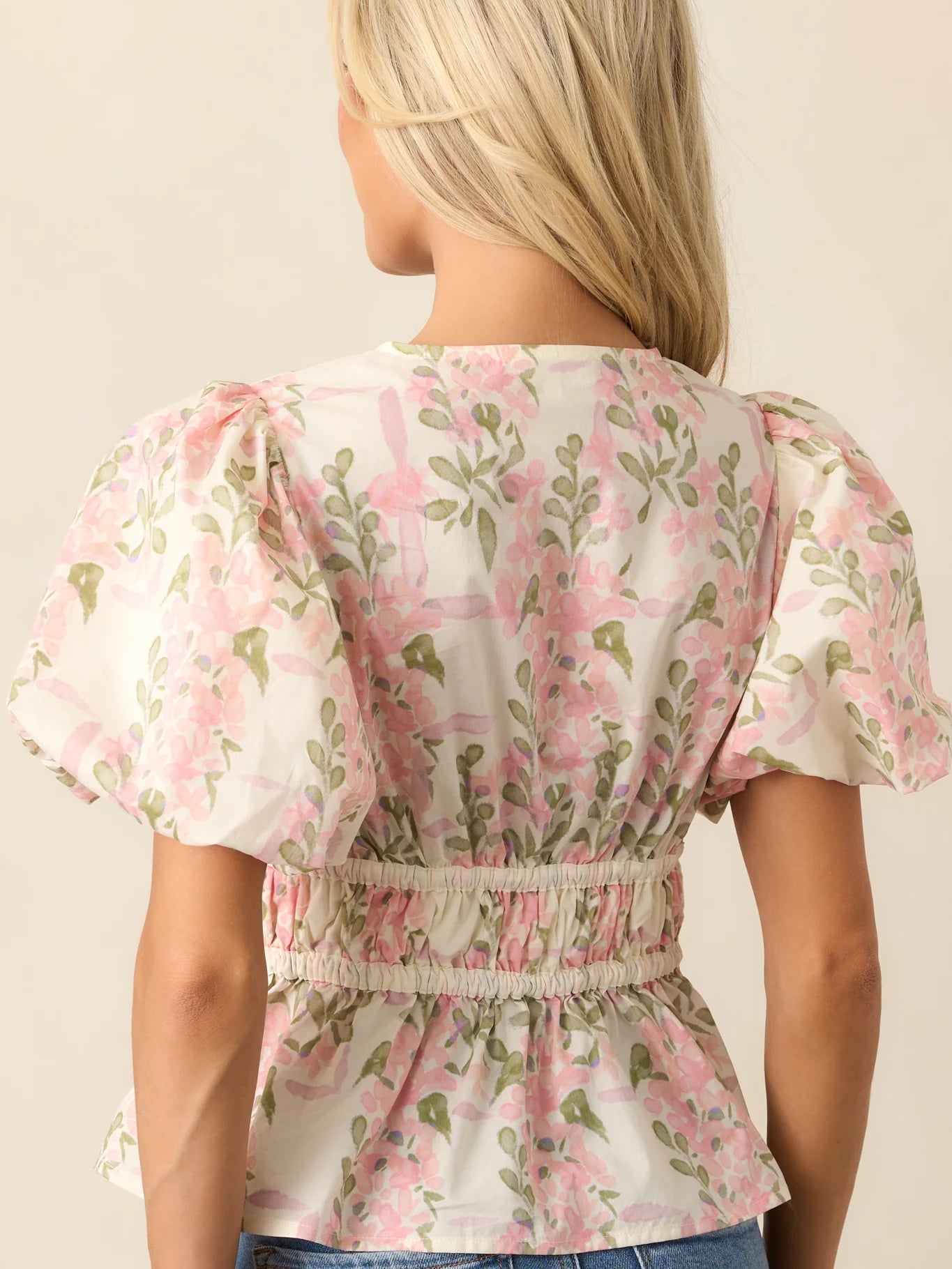Cotton Pink Floral Puff Sleeve Blouse