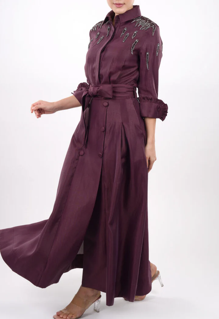 Plum Beaded Shoulder Shirt Maxi Dress