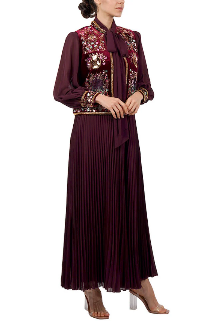 Burgundy Embellished Pleated Set