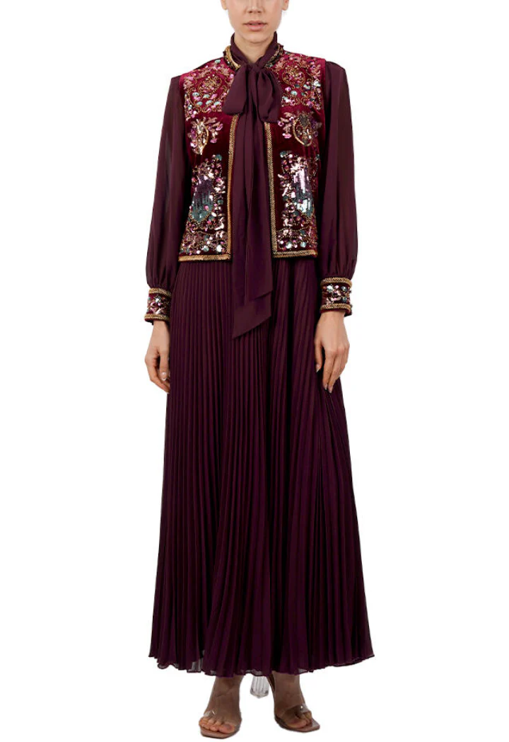 Burgundy Embellished Pleated Set