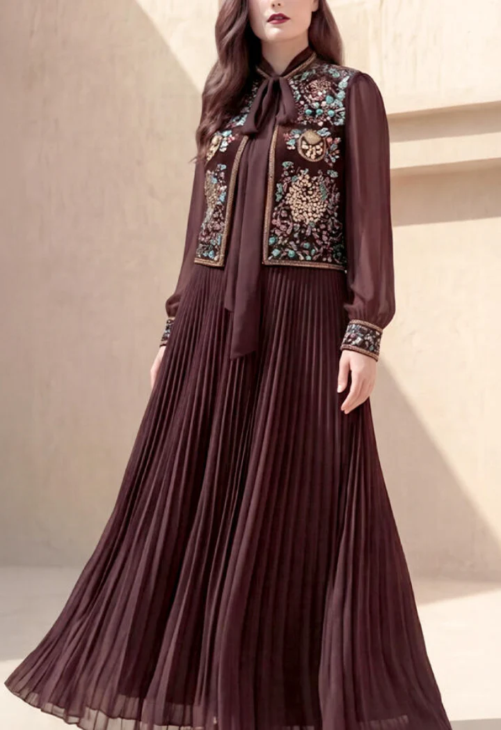 Burgundy Embellished Pleated Set