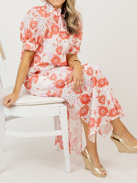 Eyelet Floral Print Maxi Dress