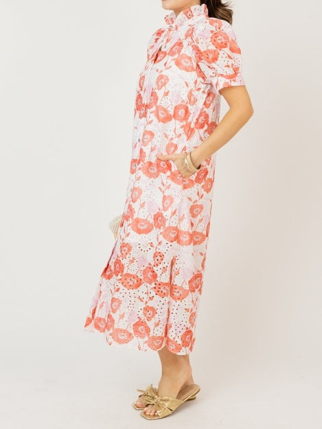 Eyelet Floral Print Maxi Dress