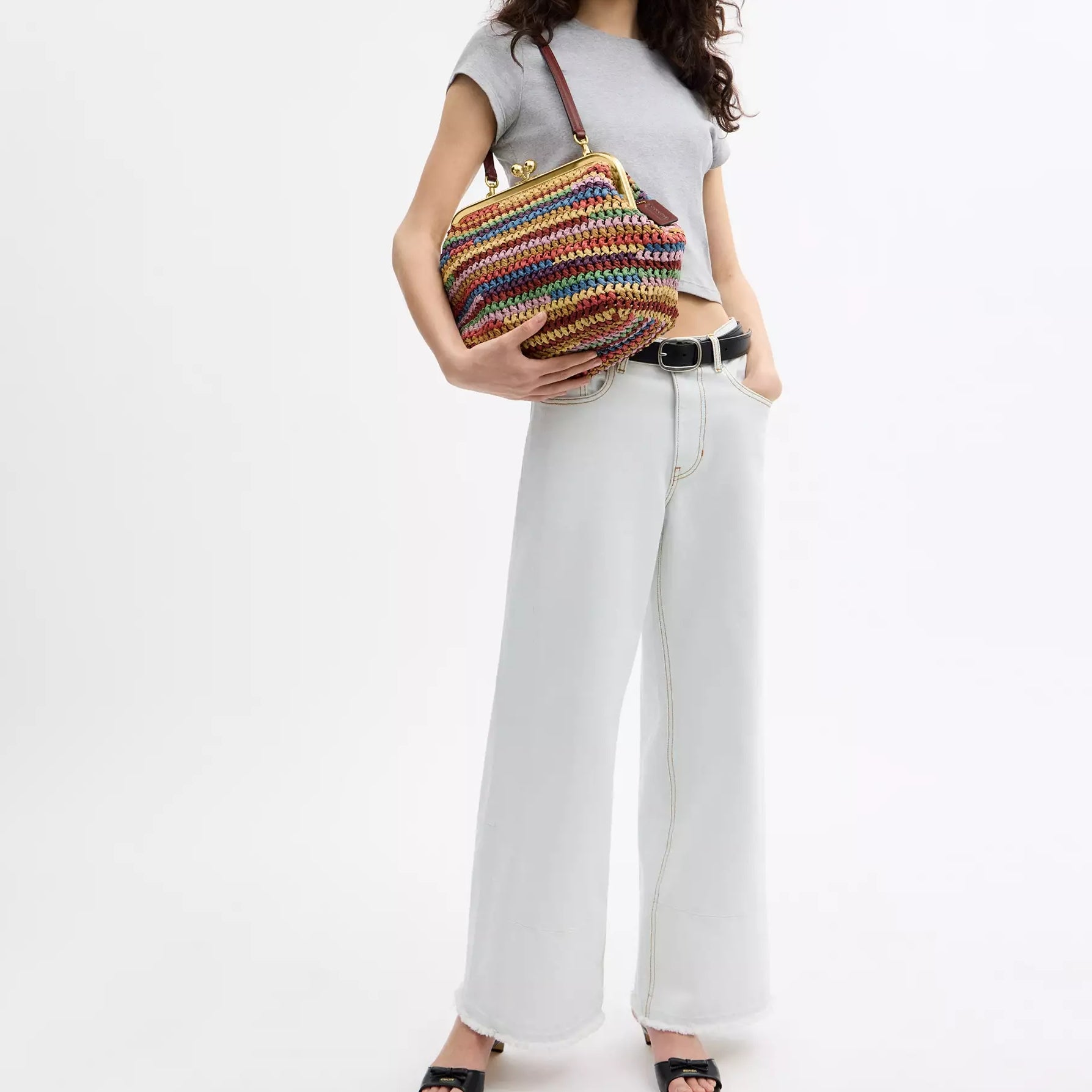 Kiss Lock Frame Large Weave Straw Clutch