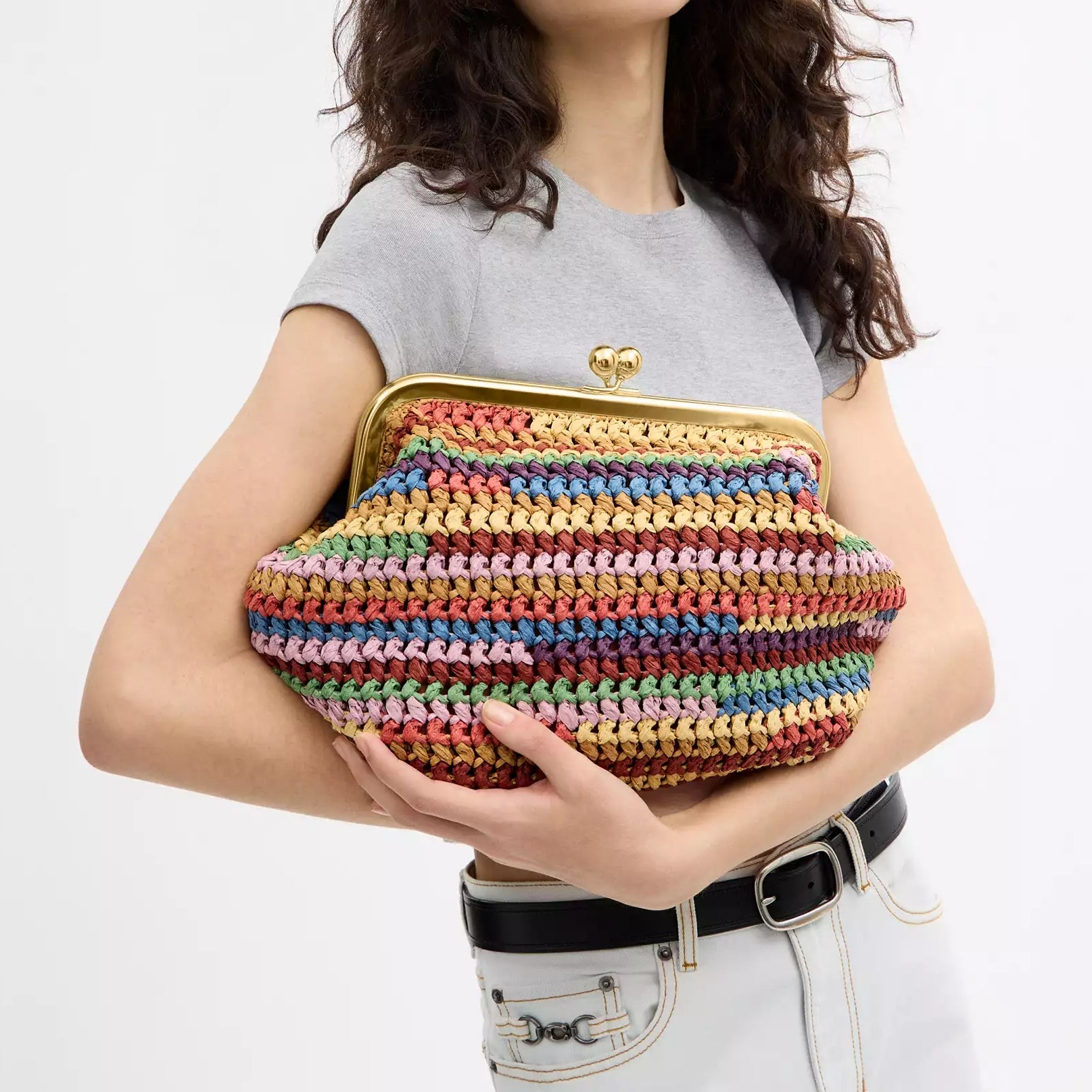 Kiss Lock Frame Large Weave Straw Clutch