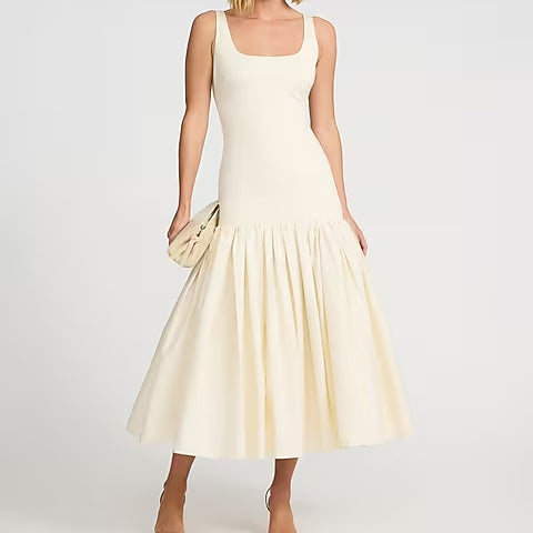 Mixed Media Scoop Neck Drop Waist Maxi Dress