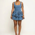 Women's Denim Corset Mini Dress With Floral Applique And Ruffle Skirt