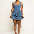 Women's Denim Corset Mini Dress With Floral Applique And Ruffle Skirt