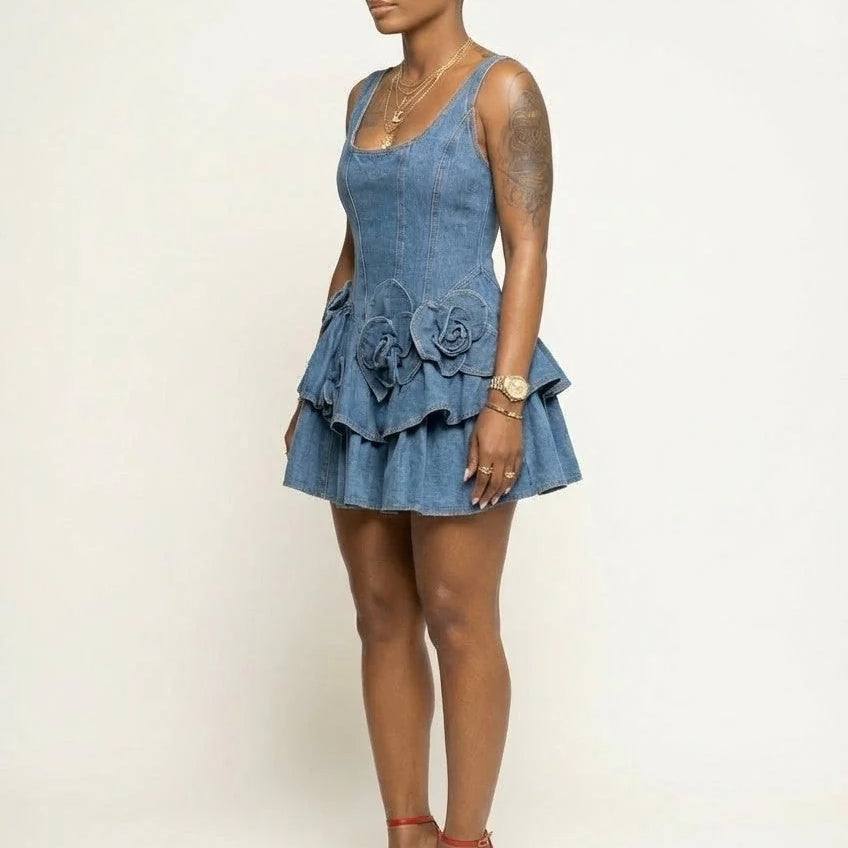 Women's Denim Corset Mini Dress With Floral Applique And Ruffle Skirt