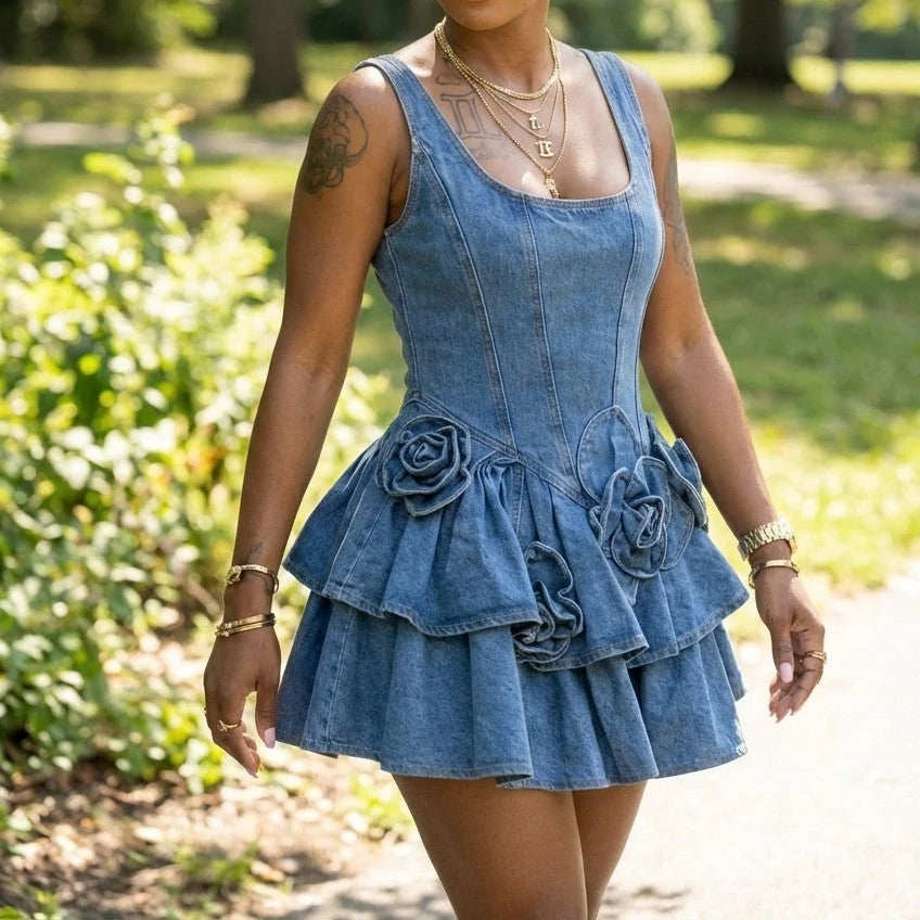 Women's Denim Corset Mini Dress With Floral Applique And Ruffle Skirt