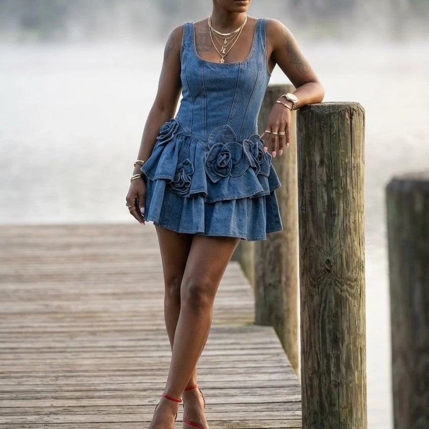Women's Denim Corset Mini Dress With Floral Applique And Ruffle Skirt