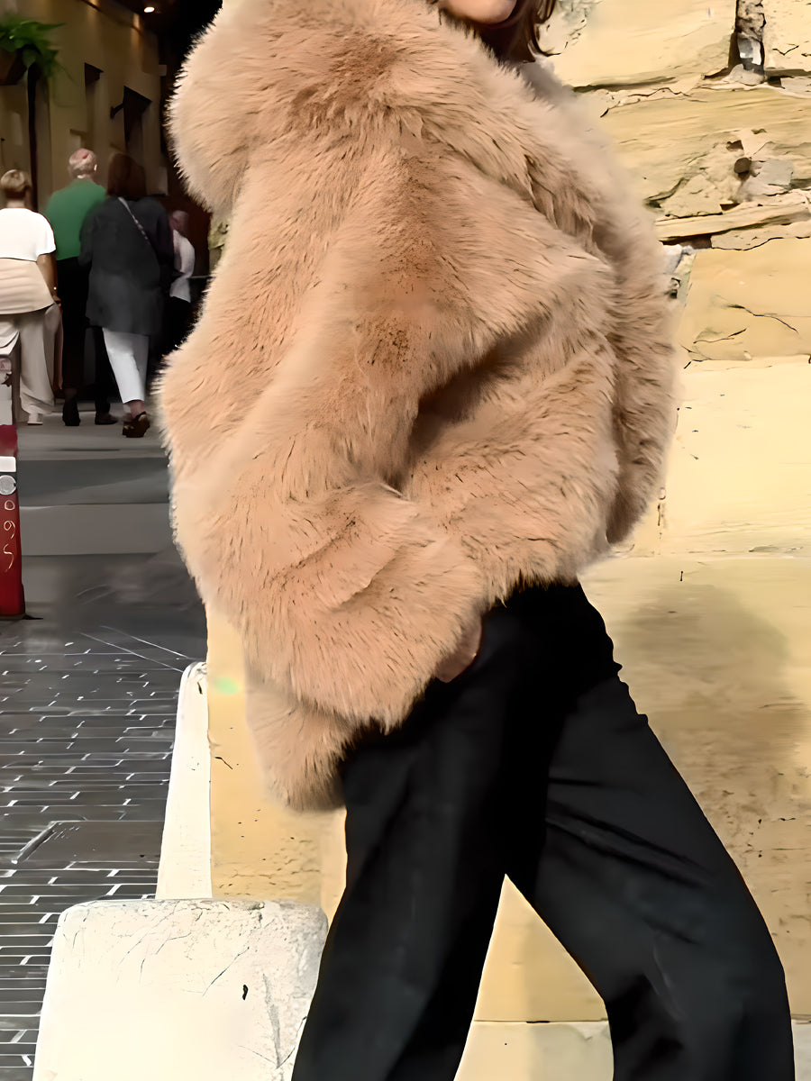 Hooded Collar Faux Fox Fur Coat