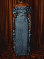 Denim Ruffled Off Shoulder Two Pieces Dress