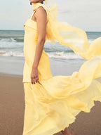 Square Collar Patchwork Chiffon Dress