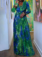 Tie Details Tie Dye Deep V Neck Maxi Dress