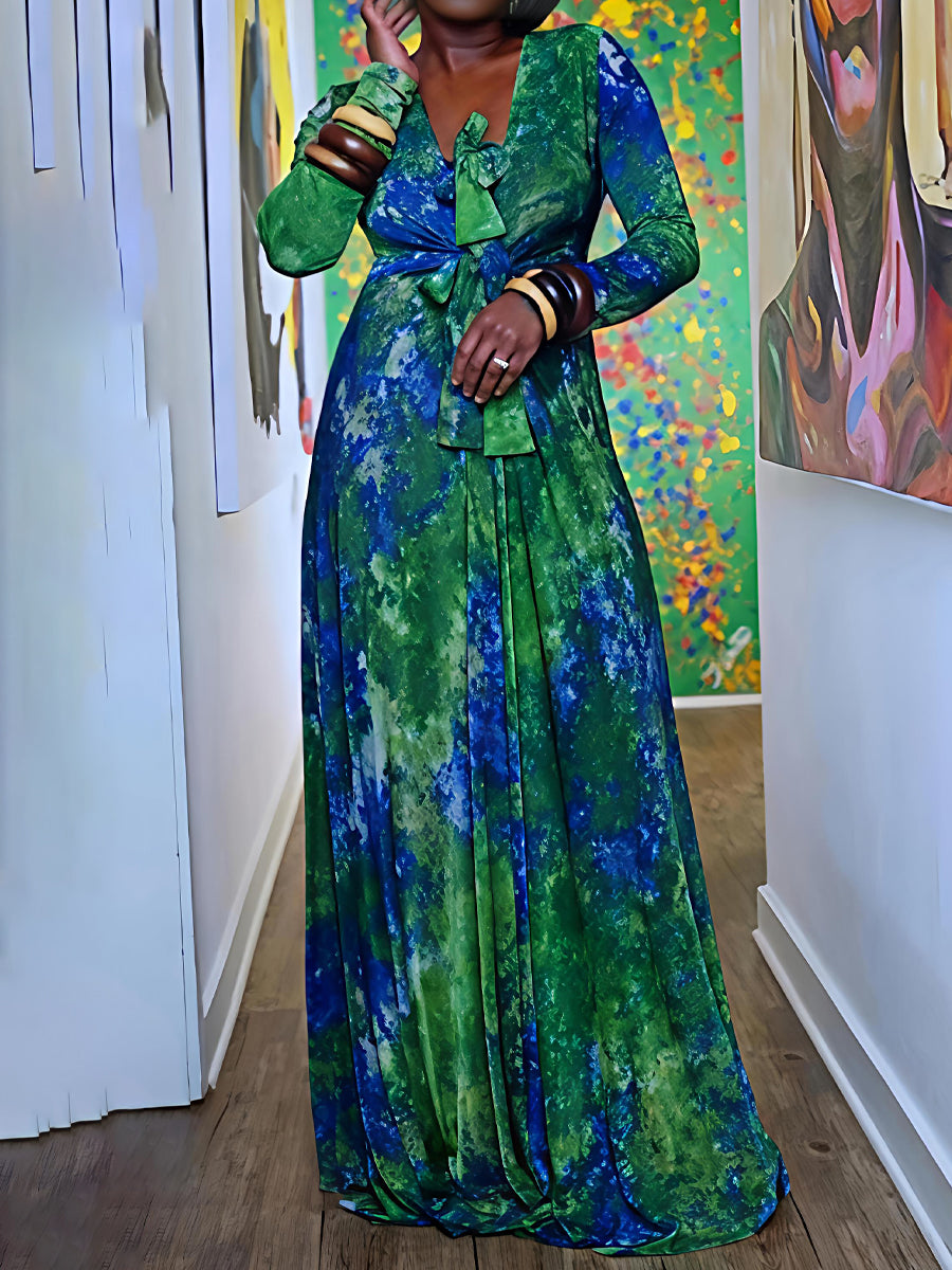 Tie Details Tie Dye Deep V Neck Maxi Dress