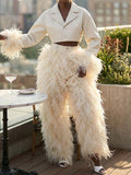 Feather Decoration Fashion Cropped Blazer & Pants