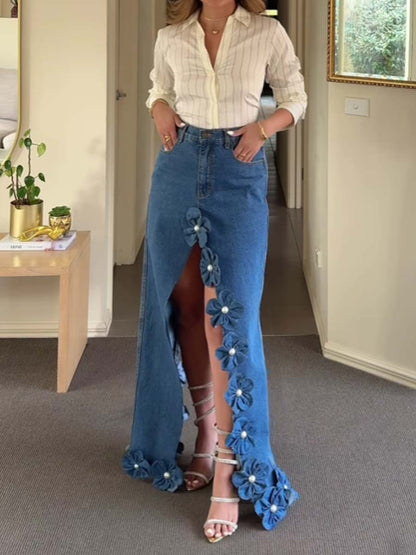 3D Flower Asymmetric Hem Denim Maxi Skirt