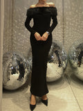 Elegant Off-shoulder Fur Collar Slim-fit Dress