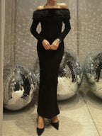 Elegant Off-shoulder Fur Collar Slim-fit Dress