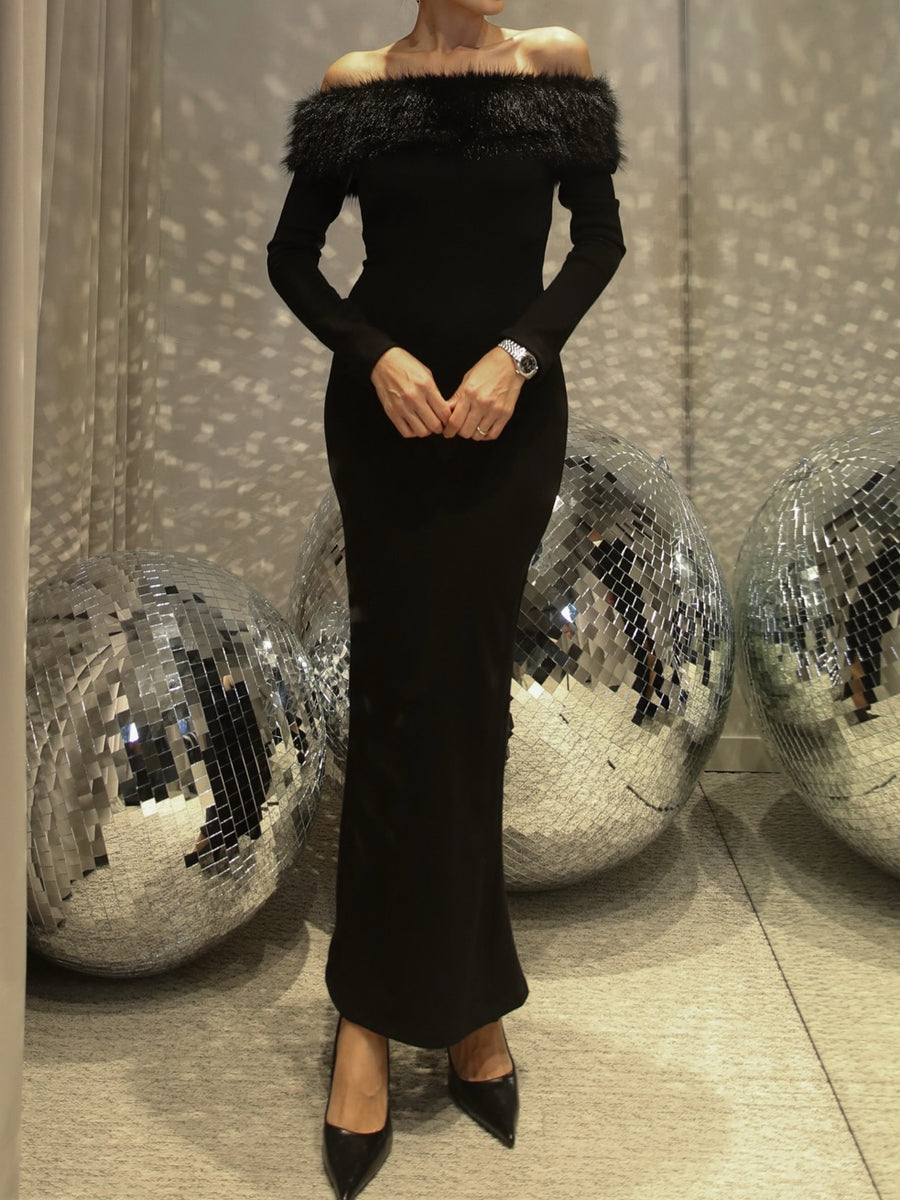 Elegant Off-shoulder Fur Collar Slim-fit Dress