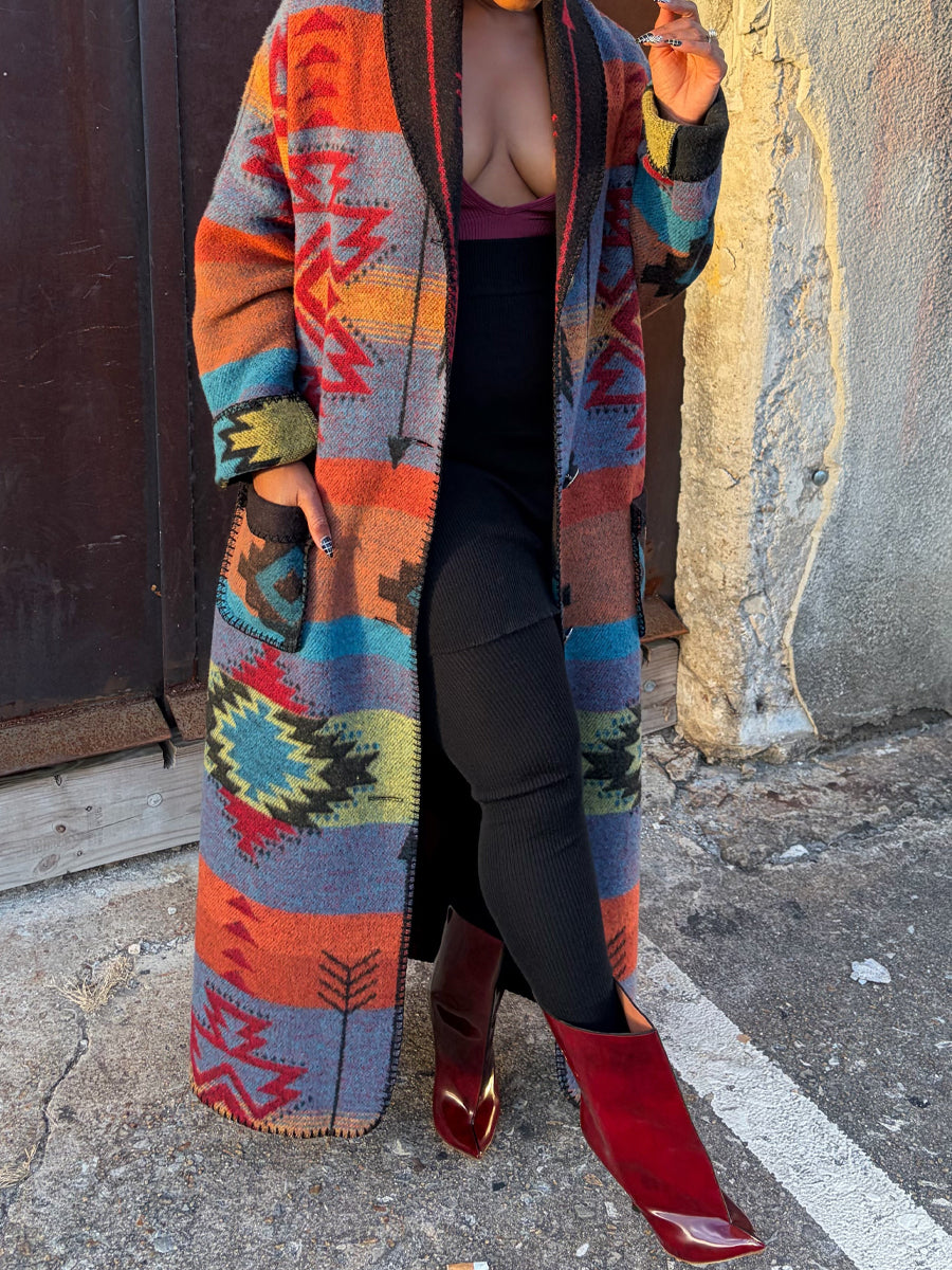 Multicolor Placement Print Long Coat