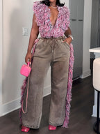 Deep V Neck Fringed Two Pieces Set