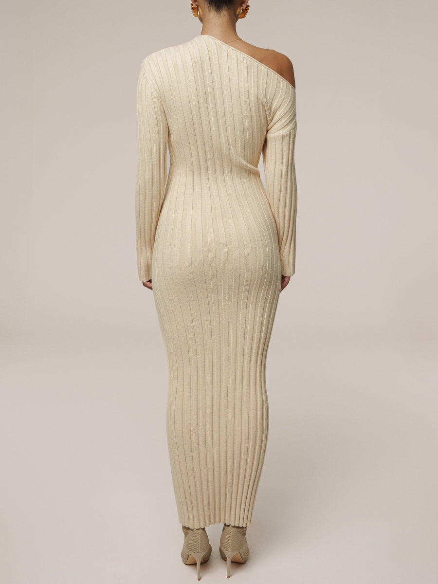 Asymmetric Neck Acrylic Accent Knitted Maxi Dress