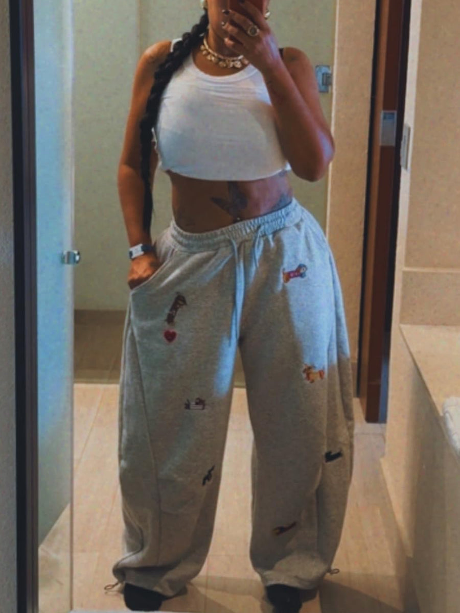 Embroidery Cartoon Dog Hooded Sweatshirt & Sweatpants