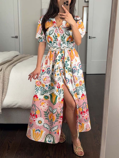 Printed Short Sleeve Midi Dress
