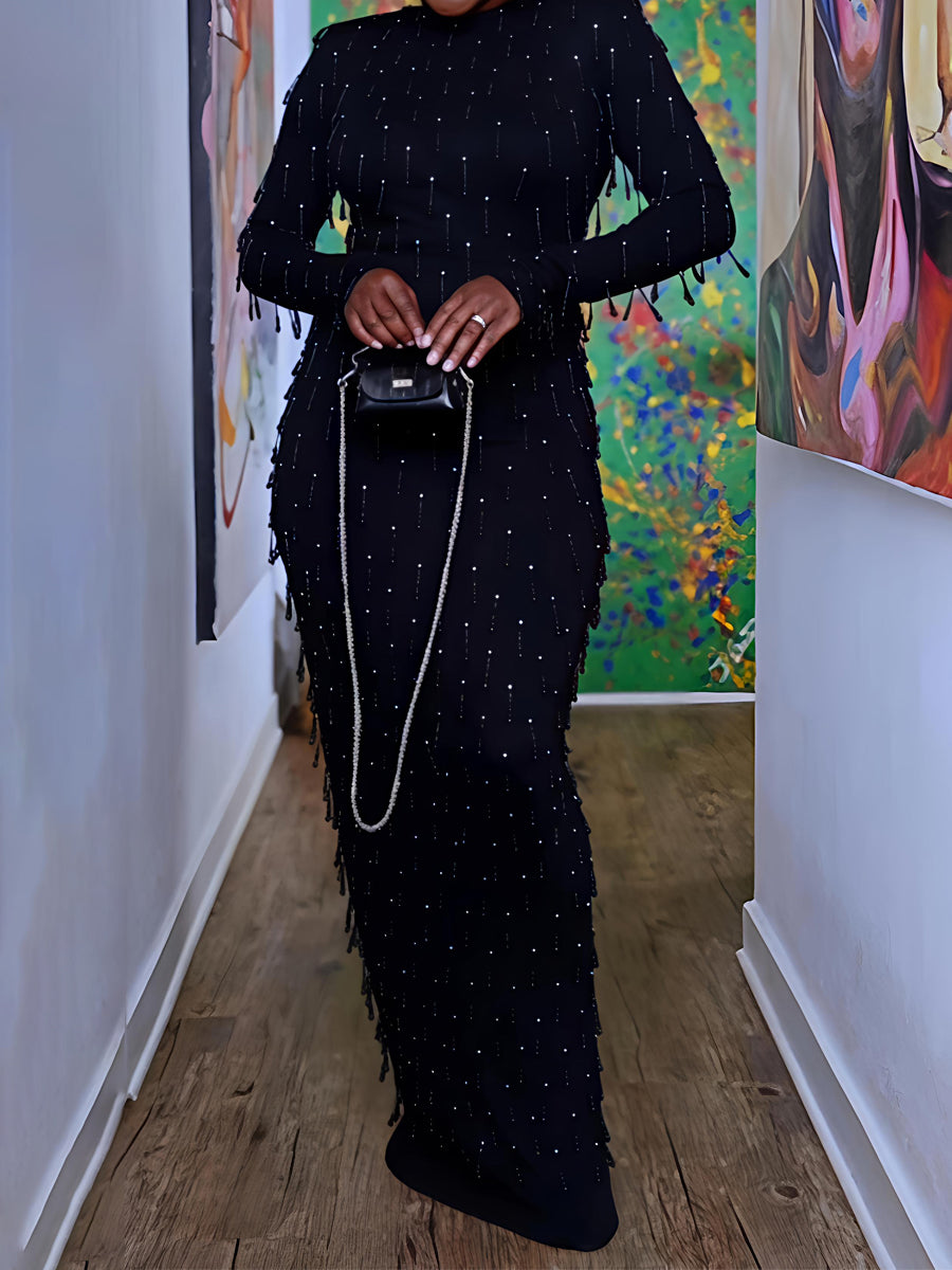 Black Beaded Tassel Maxi Dress