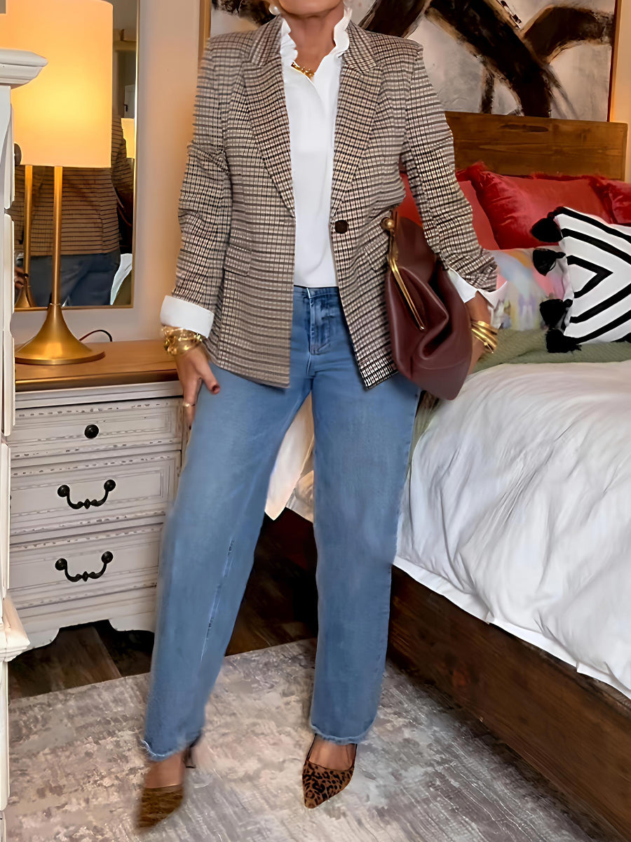 Houndstooth Print Long Sleeve Blazer