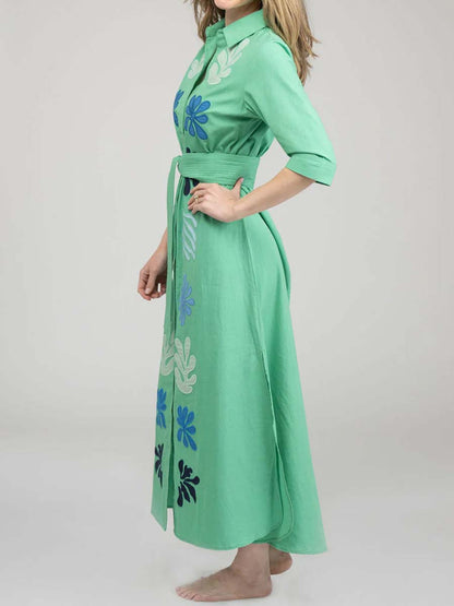 Printed Button Up Belted Dress