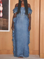 Denim Ruffled Off Shoulder Two Pieces Dress