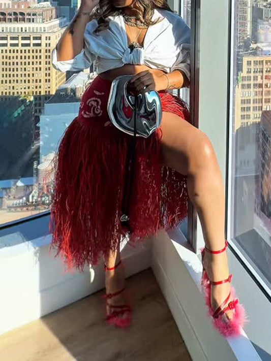 Fringed Hem Printed High Waist Skirt