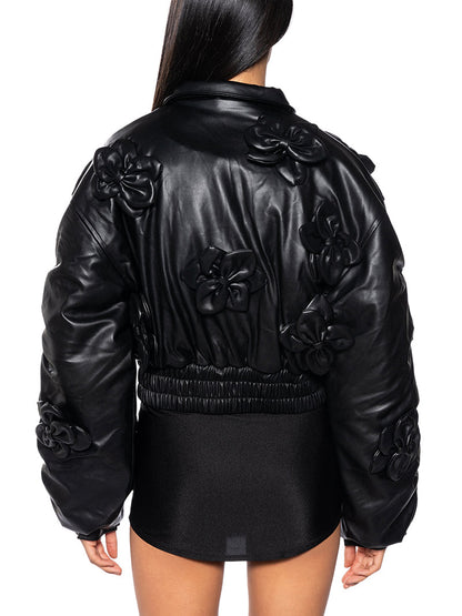 3D Floral Faux Leather Elastic Waistband Bomber