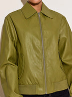 Faux Leather Ribbed Cuffs Bomber Jacket