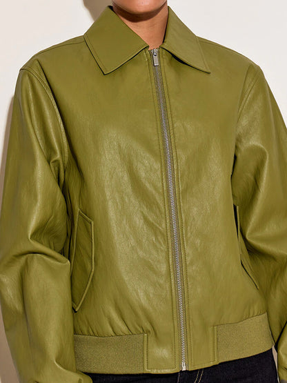 Faux Leather Ribbed Cuffs Bomber Jacket