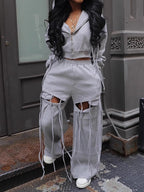 Hooded Elasticized Waist Tassels Two Pieces Set