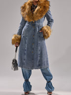 Wide Faux Fur Collar Denim Trench