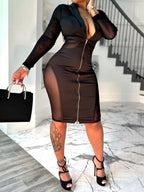 Deep V Neck Mesh Patchwork Stretch Dress