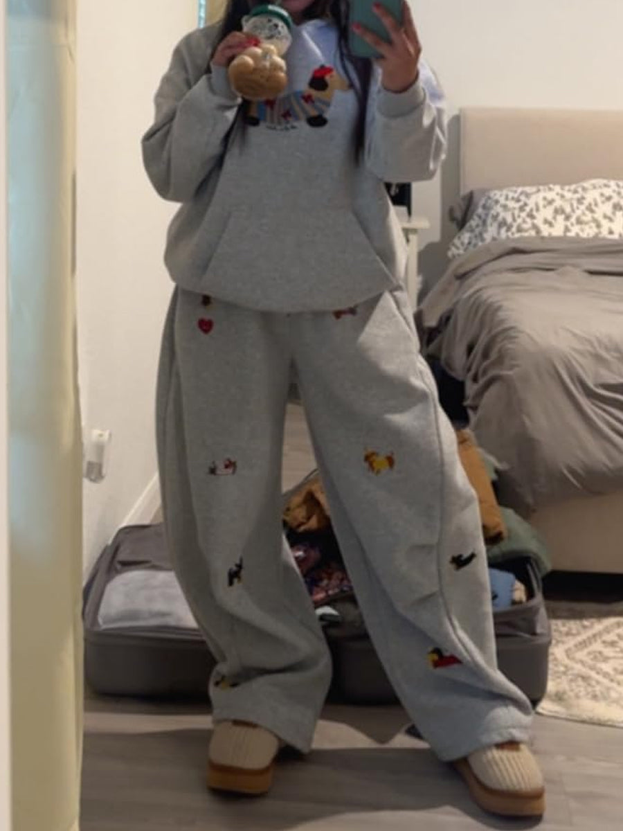 Embroidery Cartoon Dog Hooded Sweatshirt & Sweatpants