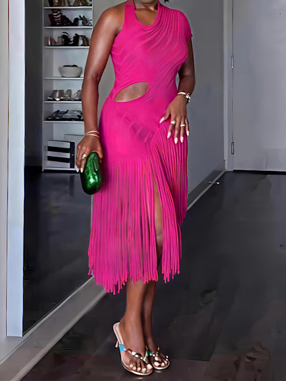 Asymmetric Fringe Cut-out Mini Dress